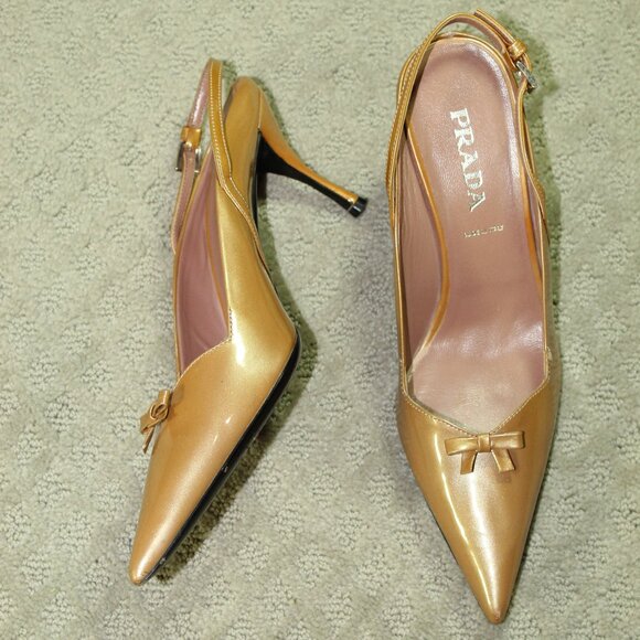 Prada Women's Size 7 / 37.5 Gold Patent Leather 3" Kitten Heel Bow Slingback - Picture 1 of 10